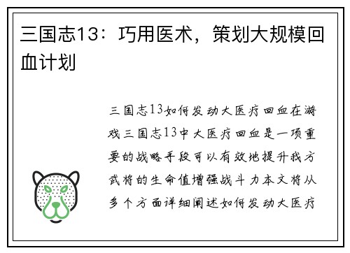 三国志13：巧用医术，策划大规模回血计划